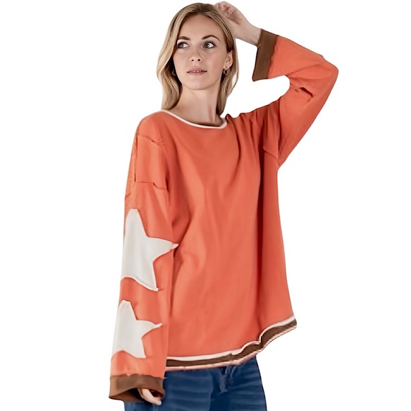 Blue Velvet Tops - Blue Velvet Star Sleeve Oversized Sweatshirt